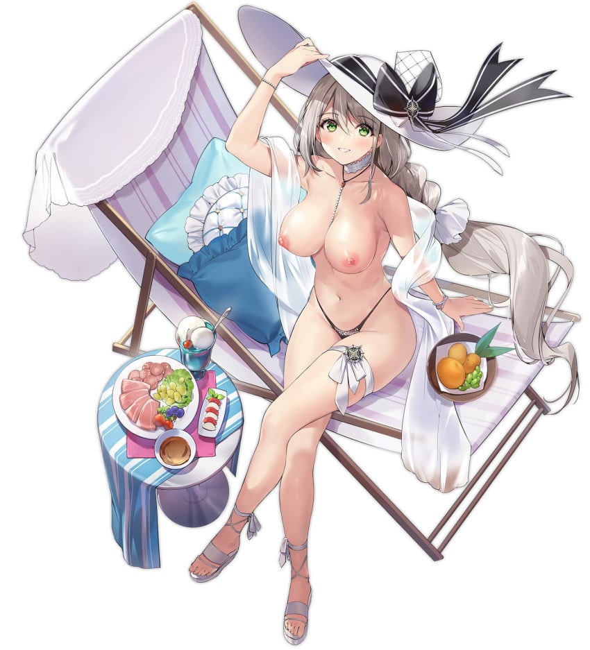 1girls aquila_(azur_lane) aquila_(sardegnian_shallows_and_sunshine)_(azur_lane) areolae arm_support azur_lane bangs beach_chair bikini bikini_bottom black_swimsuit blush bracelet braid breasts clavicle cleavage crossed_legs day eyebrows_visible_through_hair female female_only food frills fruit full_body green_eyes grey_hair hat high_resolution highleg highleg_bikini highleg_swimsuit holding ice_cream jewelry large_breasts light-skinned_female light_skin long_hair looking_at_viewer looking_up navel necklace necklace_between_breasts necomi nipples nude_filter one_arm_up outdoors parted_lips pillow round_table sand sardegna_empire_(azur_lane) seashell shadow shell shiny shiny_hair shore silver_hair simple_background single_braid sitting smile solo starfish stomach striped sun_hat swimsuit table thigh_strap thighs third-party_edit tied_hair toeless_footwear toes topless transparent_background vertical_stripes very_long_hair viewed_from_above water white_footwear white_headwear