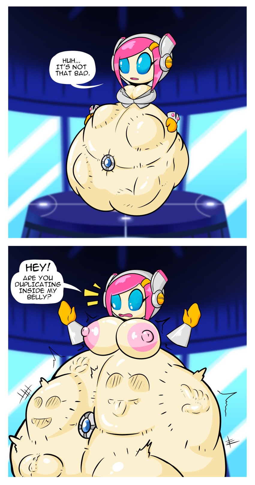 alien_girl big_breasts blue_eyes female_only floating huge_belly huge_breasts kirby_(series) kirby_planet_robobot massive_belly mr.casino pink_hair safe_vore secretary susanna_patrya_haltmann susie_(kirby) vore