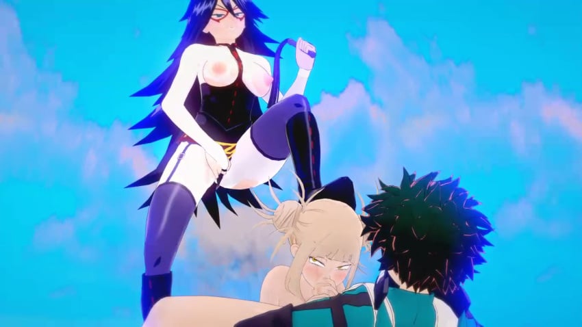 1boy 2girls 3d assisted_blowjob assisted_rape clothed_male_nude_female crying fellatio female female_assisted_rape femdom femsub foot_on_head forced_oral himiko_toga human izuku_midoriya light-skinned_female light-skinned_male male midnight_(my_hero_academia) my_hero_academia naked_female nemuri_kayama oral pushing_down rape sadistic_girl whip