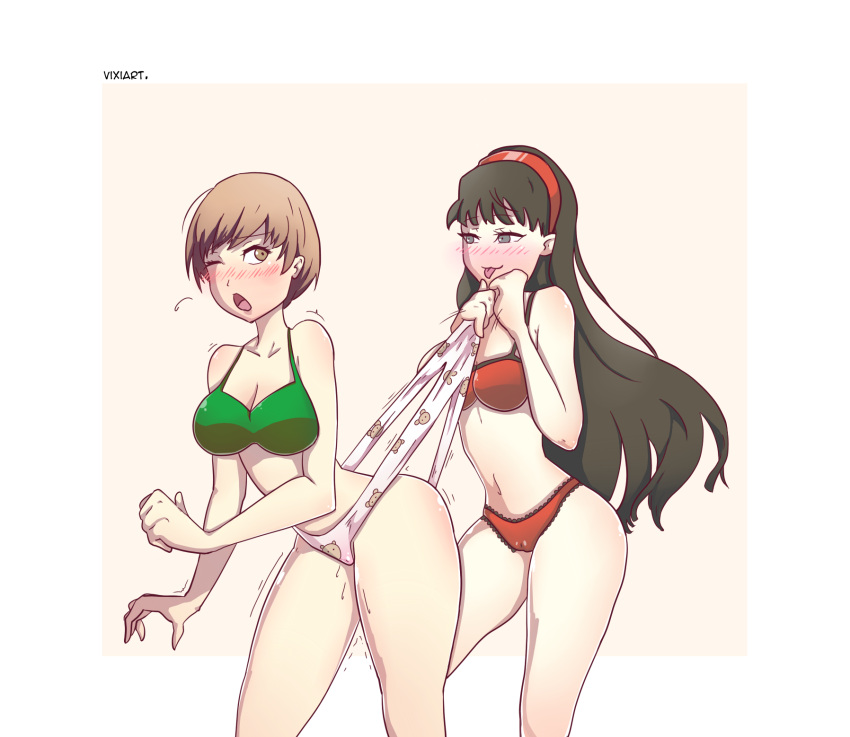 2girls amagi_yukiko ass atlus bear_panties black_hair blush bra breasts brown_eyes brown_hair embarrassed female female_focus female_only femdom femsub fetish grabbing grabbing_from_behind green_bra hairband half_naked headband humiliation long_hair looking_at_another looking_back open_mouth pain panties panty_pull persona persona_4 picot_trim picot_trim_panties print_panties red_bra red_panties satonaka_chie short_hair sticking_out_tongue tongue tongue_out vixiart wedgie yuri