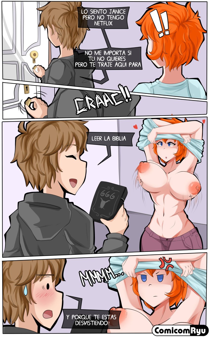 1boy 1girls angry annoyed areolae arms_up bible big_breasts blue_eyes bouncing_breasts breasts breasts_out comic comicomryu female frown funny huge_breasts janice_(comicomryu) large_breasts lifting_shirt male misunderstanding moving navel nipples orange_hair original_character red_hair ryumxr short_hair spanish_text speech_bubble straight_hair sweatdrop text toretto_(comicomryu) translated undressed undressing