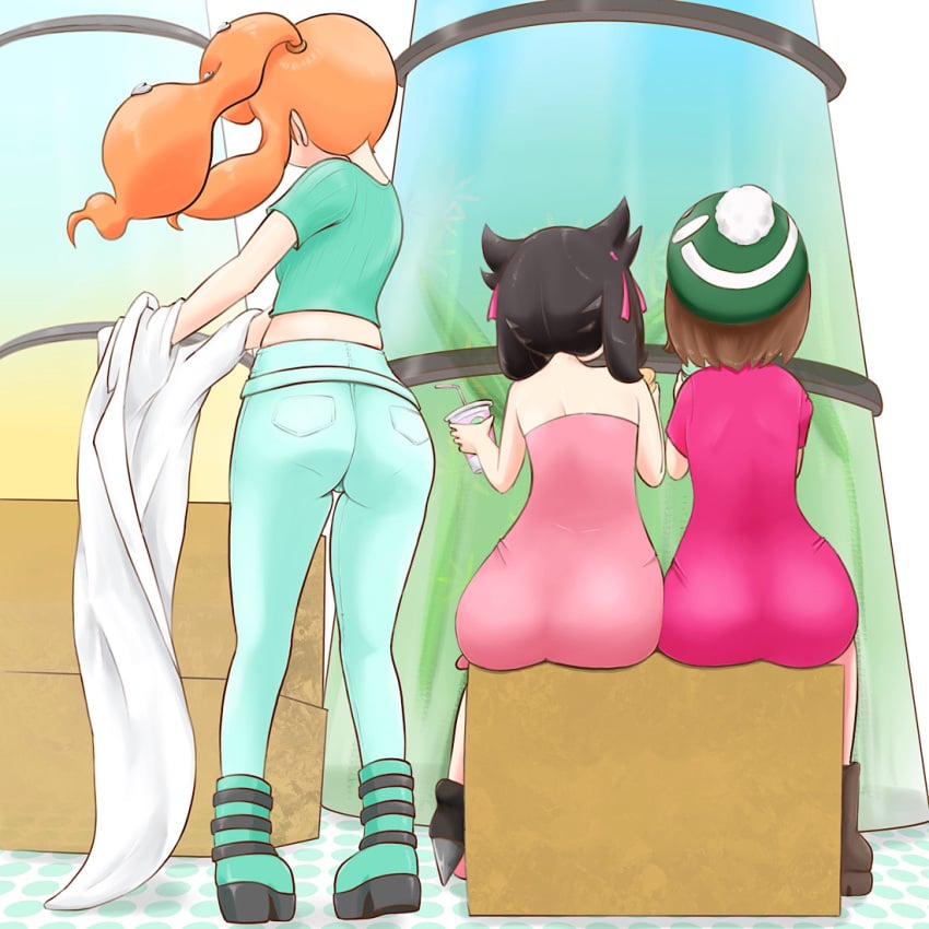 3girls ass black_hair boots brown_hair clothed clothed_female coat_removed collarbone color colored denim dress facing_away female female_focus female_only from_behind fully_clothed gloria_(pokemon) green_shirt hair_ornament hat heart heart_hair_ornament holding human jeans lab_coat marnie_(pokemon) microsd_(artist) multiple_girls nintendo no_sunglasses orange_hair pants pantylines pink_dress pokémon pokemon pokemon_professor pokemon_ss ponytail red_hair short_hair side_ponytail sitting sonia_(pokemon) tight_clothing tight_dress tight_jeans tight_pants video_games yellow_eyes young