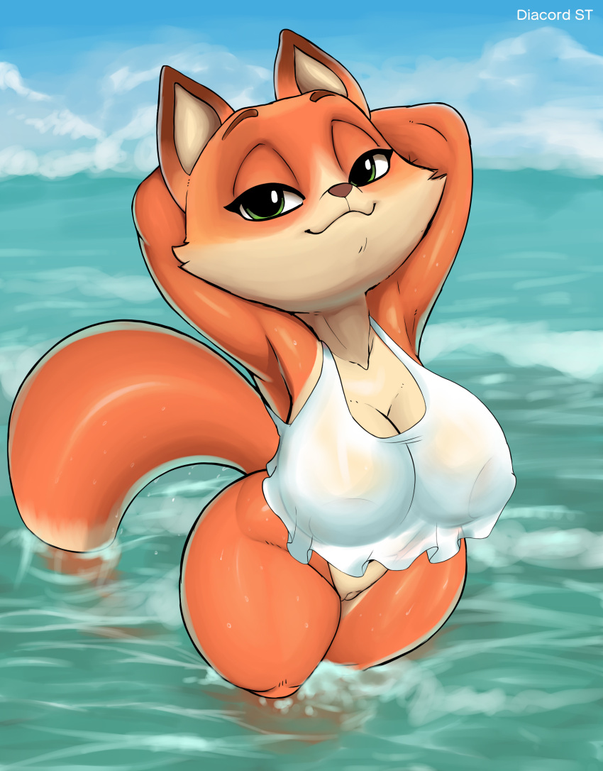 2021 anthro arctic_dogs bottomless canid canine clothed clothing diacordst digital_media_(artwork) eyebrows female fox genitals green_eyes hands_behind_head hi_res jade_(arctic_dogs) looking_at_viewer mammal outside partially_submerged pussy solo water wet wet_body