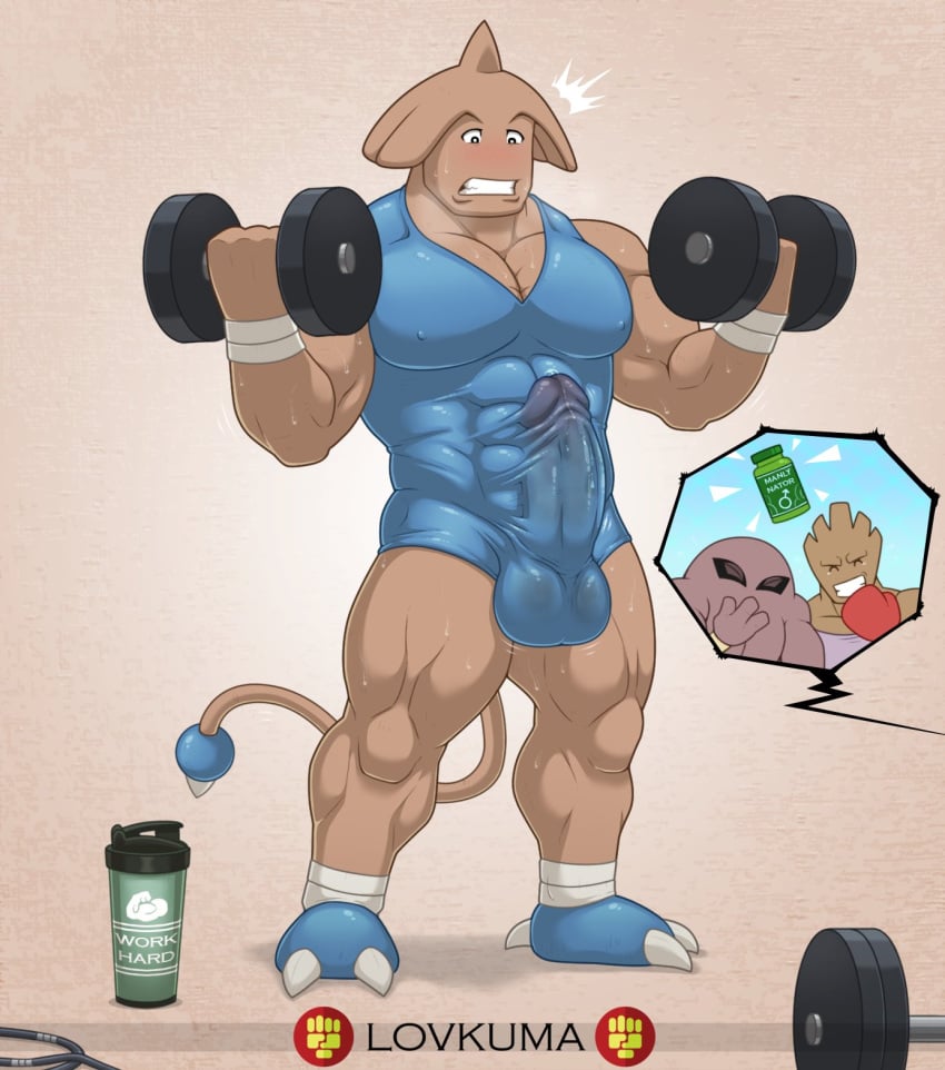 2021 3_toes abs athletic athletic_male balls big_penis blue_clothing blush bodily_fluids bottle boxing_gloves brown_background closed_eyes clothed clothing dumbbell erection erection_under_clothing exercise feet fist genitals group handwear head_spikes hi_res hitmonchan hitmonlee hitmontop humanoid humanoid_genitalia humanoid_penis jump_rope laugh long_tail lovkuma male mars_symbol mouthless muscular_male nintendo nipples off_screen_character pecs penis pokemon pokemon_(species) pokemon_focus pokemon_only prehensile_tail protein protein_shake rubber rubber_suit signature simple_background smile solo solo_focus spikes spikes_(anatomy) sweat text thick_thighs toes training unitard unwanted_erection video_games weightlifting weights workout wraps wrist_wraps wristband