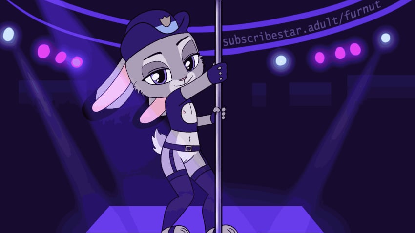 animated anthro bodily_fluids clothed clothing club_(disambiguation) dancing disney female flat_chest flat_chested furnut genital_fluids genitals grinding hi_res judy_hopps lagomorph leporid lingerie looking_at_viewer mammal nipples pawpads pole pole_dancing police_uniform pussy pussy_juice rabbit skimpy solo spread_legs spreading stage stockings strip_club stripper_pole uniform zootopia