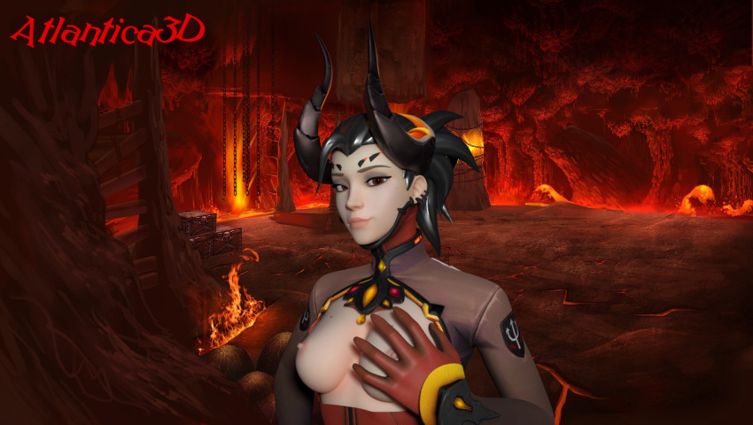 1girls 3d atlantica3d breast_grab devil_mercy exposed_breasts exposed_nipples looking_at_viewer mercy overwatch