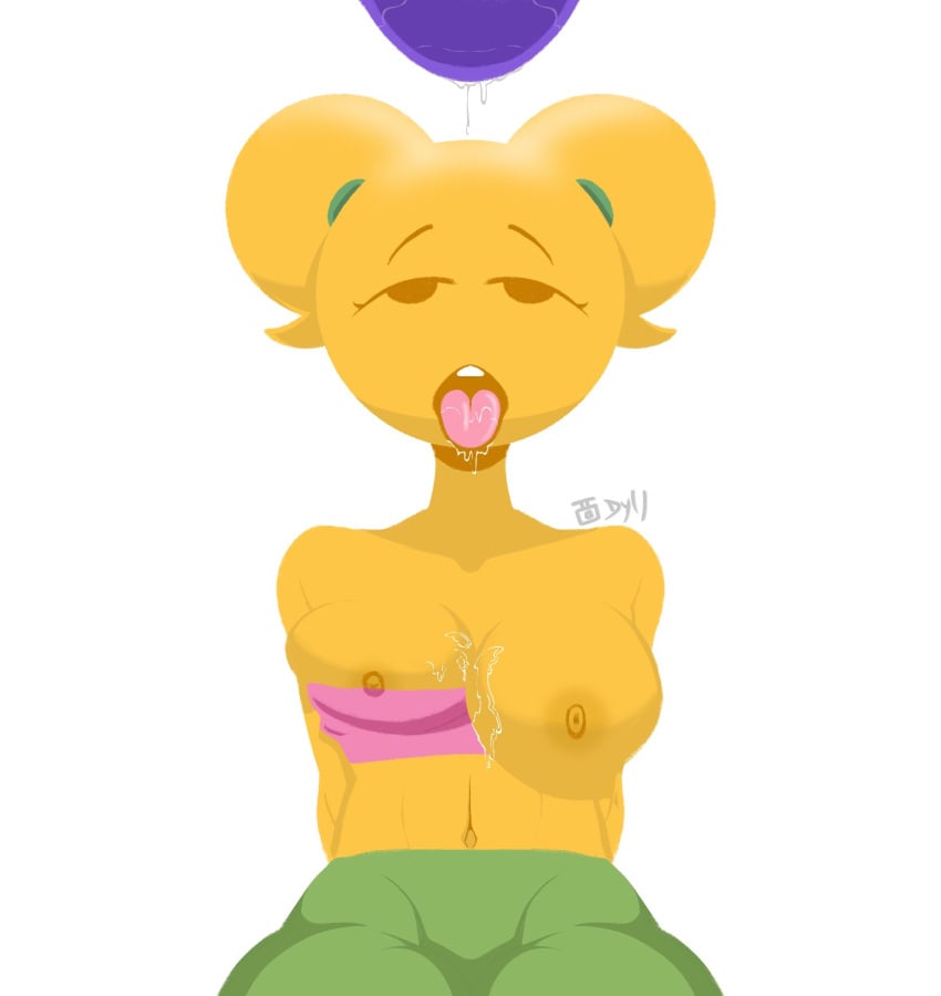 after_fellatio anthro breasts breasts_out clothing cum cum_in_mouth cum_on_breasts dyllzone eggplant emoji emoji_(race) emoji_bitch emojifam_(sssir8) female female_focus female_only humanoid humanoid_penis mob_face no_outlines tight_clothing tongue tongue_out twintails yellow_body