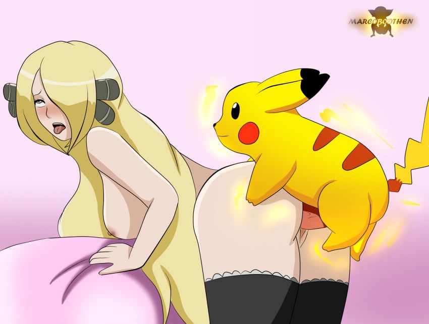 1boy 1girls ass bent_over blonde_hair blush breast cynthia_(pokemon) doggy_style female from_behind from_behind_position hair_over_one_eye human human_female interspecies long_hair male male/female male_pokemon/female_human marcobodt mostly_nude naked_stockings nintendo nude open_mouth penis_in_pussy pikachu pokemon pokemon_champion pokephilia sex sideboob size_difference smaller_male stockings straight taken_from_behind tongue_out vaginal vaginal_penetration vaginal_sex