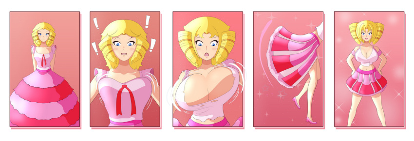 1girls bimbo bimbofication breast_expansion breasts caelia cleavage db-palette dress female female_only motion_lines original original_character pink_dress sequence solo solo_female