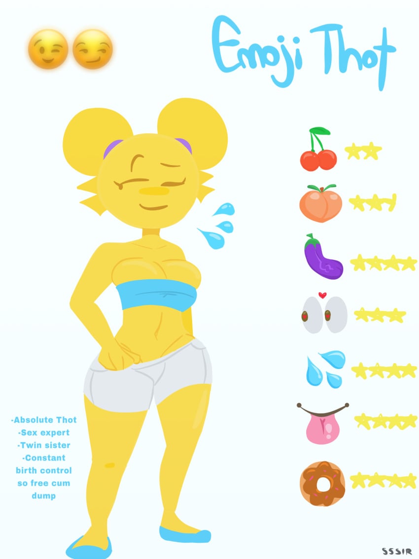 anthro breast_squeeze breasts character_name character_profile character_sheet curvaceous curvy eggplant eggplant_emoji emoji emoji_(race) emoji_thot emojifam_(sssir8) female female_focus female_only humanoid mob_face no_outlines pulling_down_pants rating short_hair shorts shortstack slobbyslapper small_breasts sssir sssir8 thick_thighs tight_clothing tubetop wink yellow_body yellow_hair