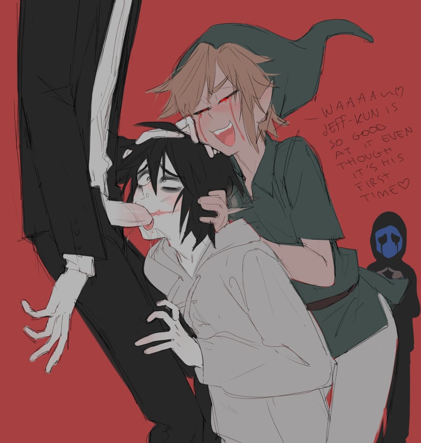 4boys ben_drowned clothed_sex creepypasta english_text eyeless_jack fellatio forced_oral hoodie jeff_the_killer lacryboy male male/male melanpsycholia oral pale penis penis_out red_background sex sketch slenderman uncensored yaoi