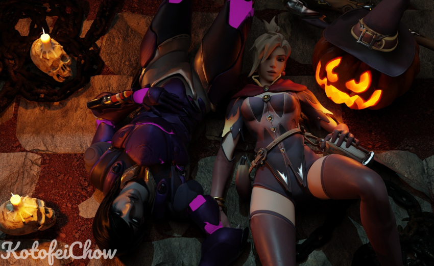 3d female female_only fully_clothed halloween kotofeichow looking_at_viewer mercy overwatch pharah possessed_pharah pumpkin witch_hat witch_mercy