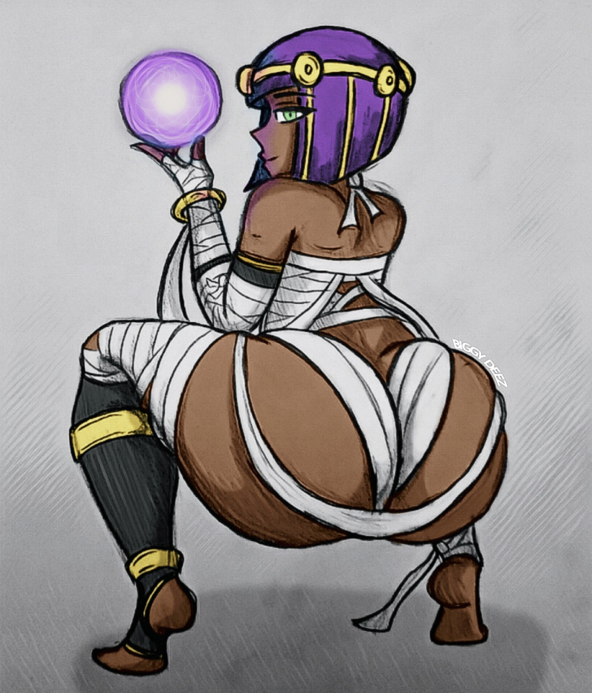 alternate_ass_size ass ass_cleavage big_ass biggy_deez bob_cut bottom_heavy butt_crack dark-skinned_female dark_skin egyptian fat_ass green_eyes huge_ass looking_at_viewer looking_back menat purple_hair small_waist solo solo_female street_fighter toeless_legwear traditional_media_(artwork)