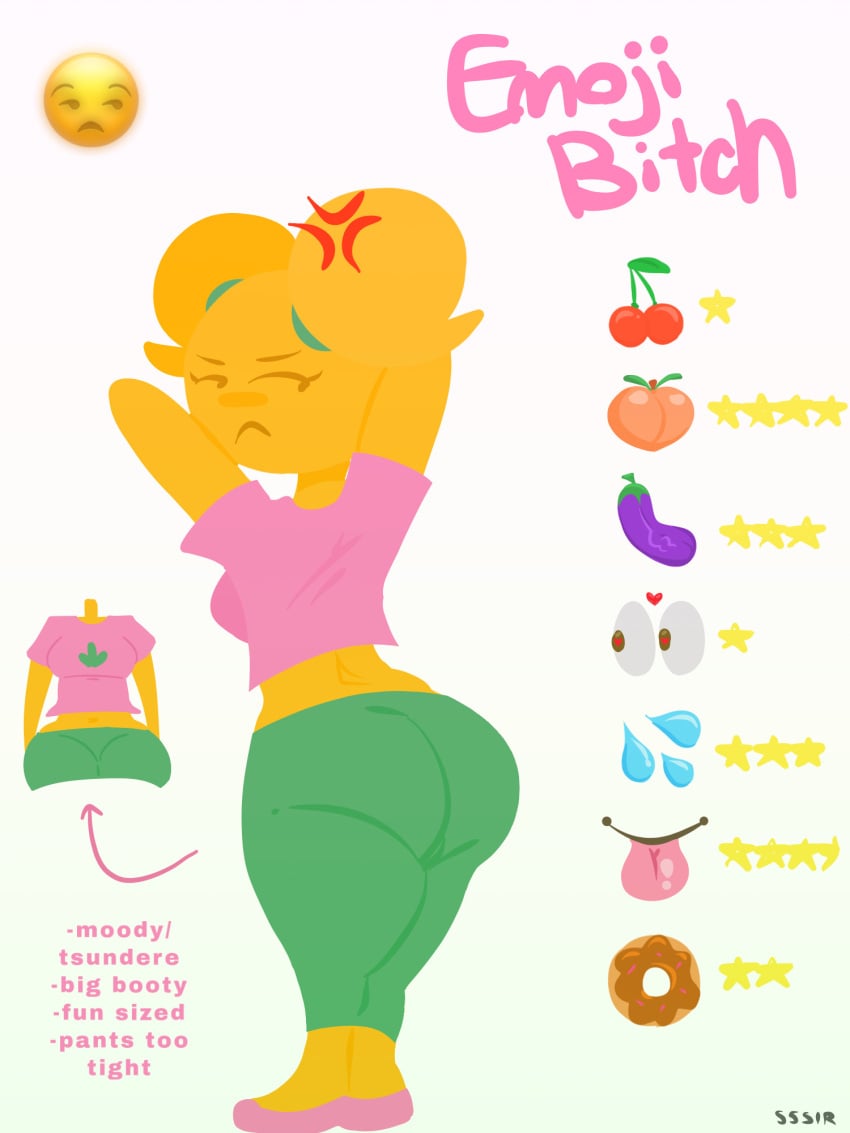 anger_vein annoyed anthro ass ass_up big_ass breasts character_profile character_sheet clothed clothing eggplant eggplant_emoji emoji emoji_(race) emoji_bitch emojifam_(sssir8) female female_focus female_only fully_clothed huge_ass humanoid large_ass looking_at_viewer looking_back mob_face no_outlines rating short_hair shortstack slobbyslapper small_breasts sssir sssir8 thick_thighs tsundere twintails wide_hips yellow_body yellow_hair yoga_pants