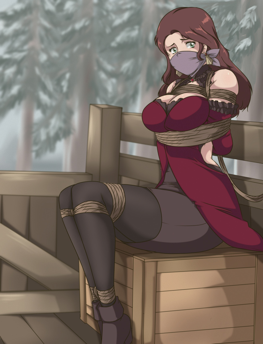 1girls absurdres arms_behind_back bare_shoulders bondage bound bound_ankles bound_arms bound_legs box breasts brown_hair cleavage crate dorothea_arnault dress earrings female femsub fire_emblem fire_emblem:_three_houses forest gag gagged green_eyes helpless highres improvised_gag jewelry large_breasts long_hair looking_at_viewer nintendo outdoors pine_tree post-timeskip red_dress rope rope_bondage ryner-e sitting sleeveless sleeveless_dress solo tape tape_gag taped_mouth tied tied_up tree