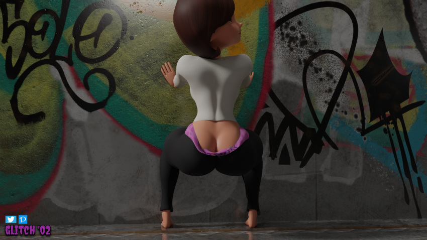 1girls 3d 3d_(artwork) ass ass_cleavage big_ass black_leggings blender butt_crack disney female female_only glitch02 graffiti helen_parr pixar smooth_skin solo solo_female squatting the_incredibles thick_ass thick_legs watermark