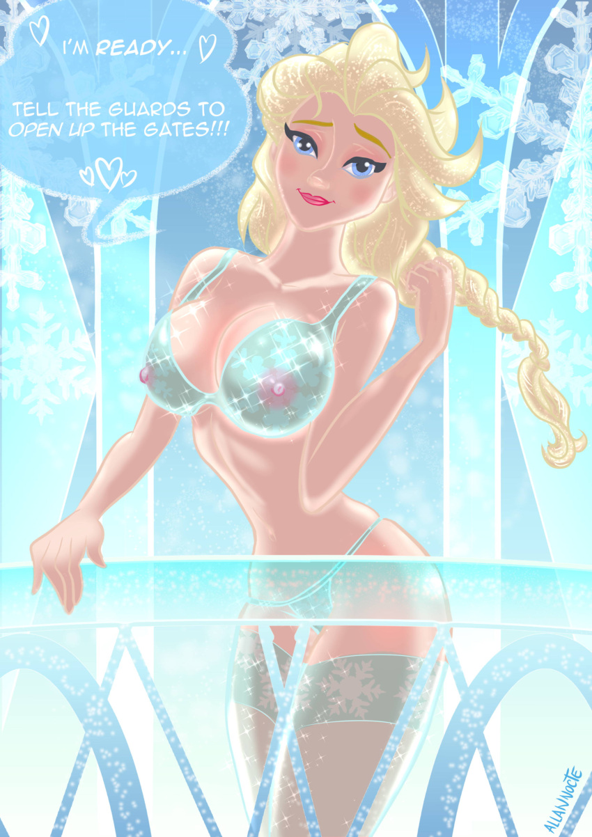 1girls allannocte blonde_hair blue_eyes bra braid braided_hair breasts disney elsa_(frozen) female female_only frozen_(film) looking_at_viewer mostly_nude nipples panties royalty see-through_bra standing stockings