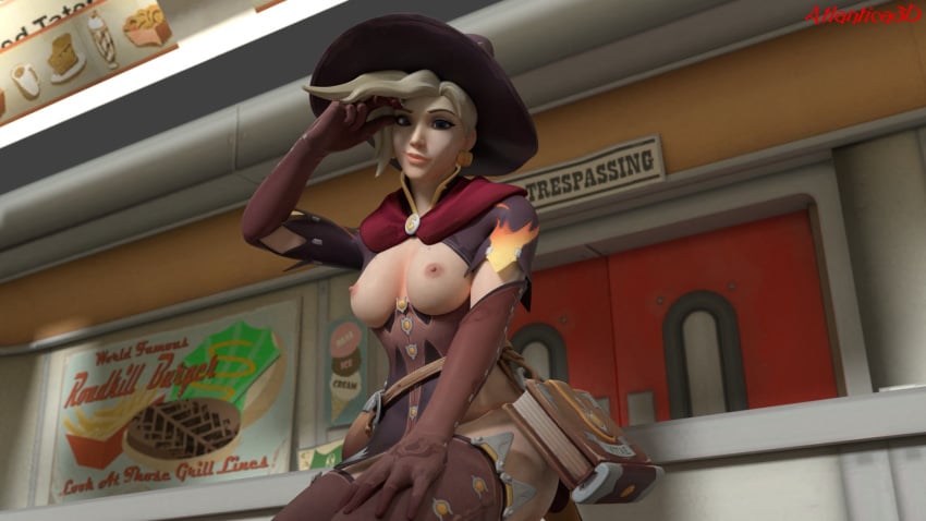 1girls 3d atlantica3d breasts breasts_out exposed_breasts exposed_nipples fully_clothed looking_at_viewer mercy overwatch smile witch_hat witch_mercy