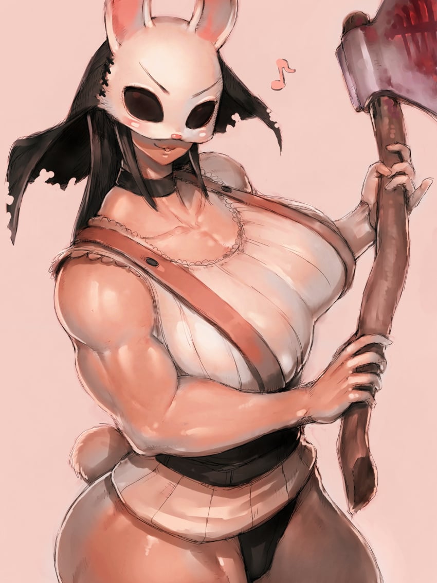 alternate_costume axe buff bunny_ear bunny_mask bunny_tail bust busty choker clothed_sex clothes clothing dead_by_daylight female female_focus female_only fumio_(rsqkr) hatchet huge_breasts huntress_(dead_by_daylight) looking_at_viewer mask masked masked_female muscles muscular muscular_female simple_shading smile solo solo_female solo_focus thick_thighs toned toned_female