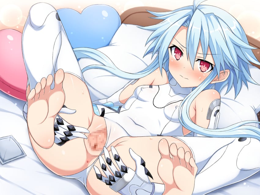 armored_gloves ass bare_shoulders barefoot blue_hair blush breasts censored clothing_aside covered_navel covered_nipples elbow_gloves female frown full_body gloves hair_between_eyes heart heart-shaped_pillow highres indoors legs leotard leotard_aside looking_at_viewer lying medium_hair neptune_(series) neptunia_(series) on_back on_bed pillow power_symbol presenting pussy red_eyes sidelocks skin_tight small_breasts solo spread_legs spread_pussy symbol-shaped_pupils thighhighs thighs wavy_mouth white_gloves white_heart_(neptunia) white_leotard yaomai