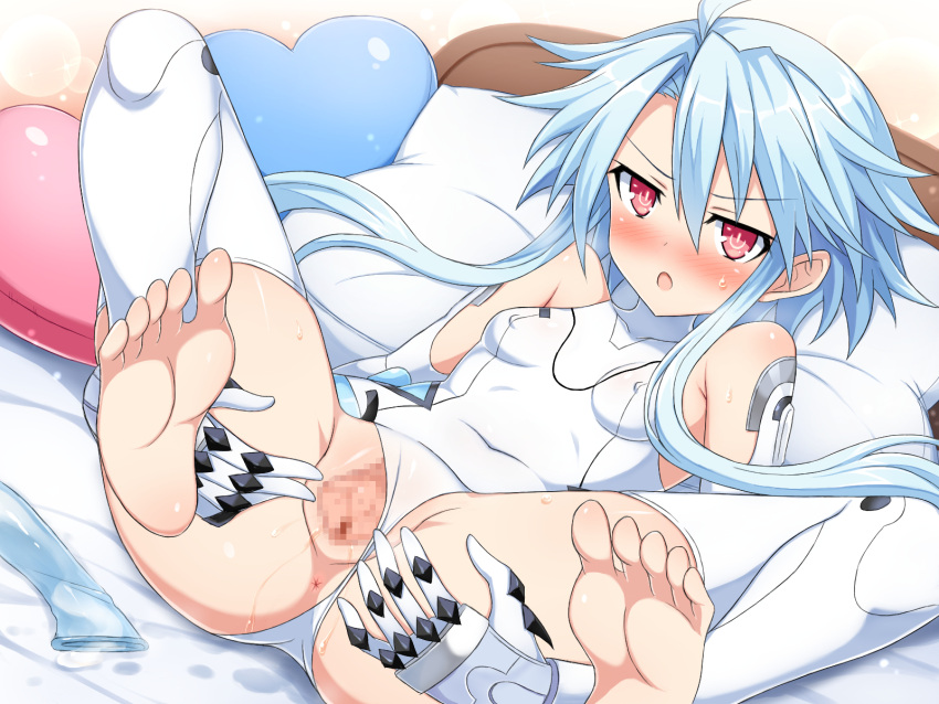 :o after_sex after_vaginal armored_gloves ass bare_shoulders barefoot blue_hair blush breasts censored clothing_aside condom covered_navel covered_nipples elbow_gloves female full_body gloves hair_between_eyes heart heart-shaped_pillow highres indoors legs leotard leotard_aside looking_at_viewer lying medium_hair neptune_(series) neptunia_(series) on_back on_bed open_mouth pillow power_symbol presenting pussy pussy_juice red_eyes sidelocks skin_tight small_breasts solo spread_legs spread_pussy symbol-shaped_pupils thighhighs thighs used_condom white_gloves white_heart_(neptunia) white_leotard yaomai