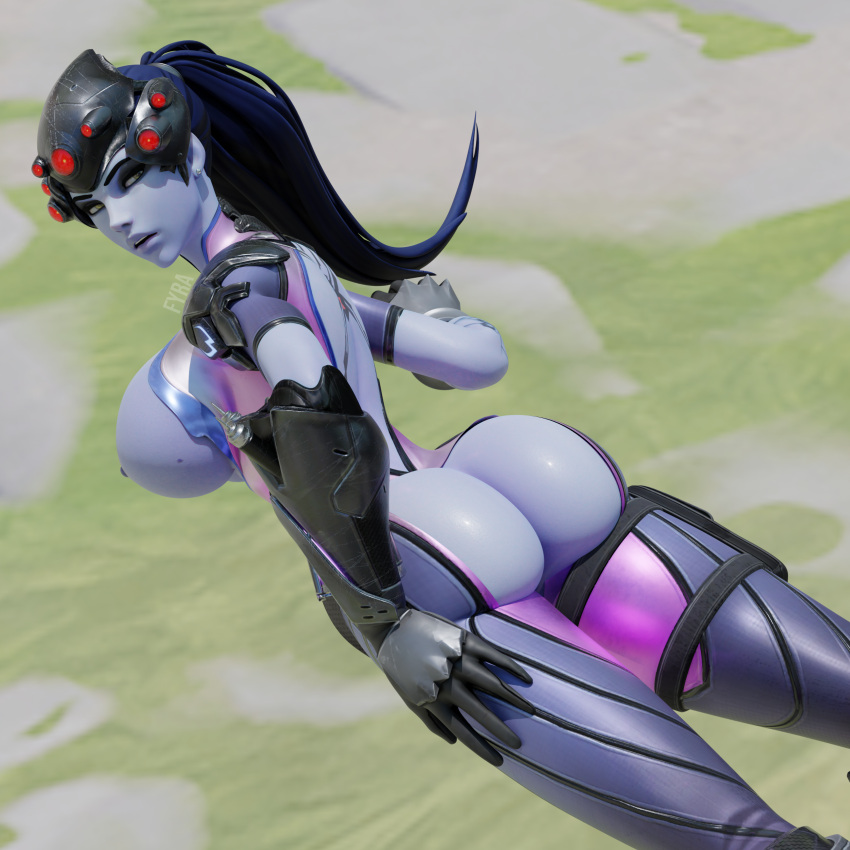 3d ass backboob big_ass blender breasts fyra_(artist) huge_ass huge_breasts laying_down long_hair overwatch purple_skin shiny_skin thick_thighs tight_clothing widowmaker