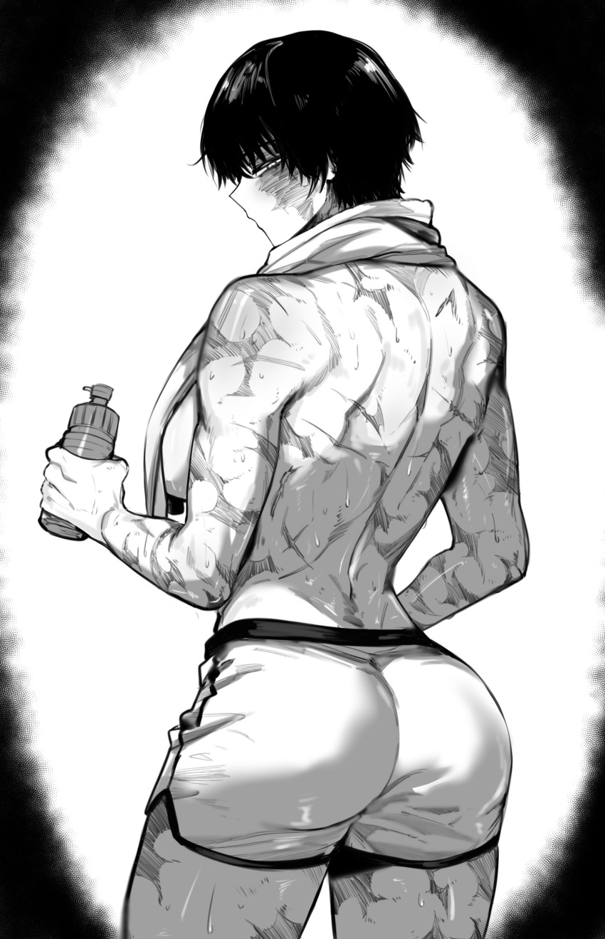 burn_scar drink_in_hand jujutsu_kaisen masoq095 monochrome shorts sweat towel_around_neck workout_clothes zenin_maki