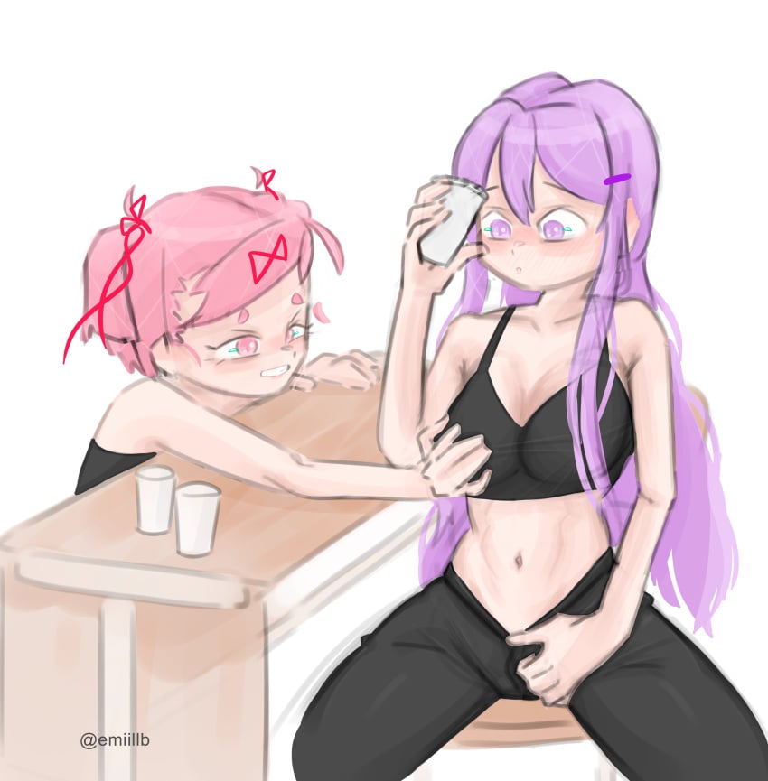 2girls artist_name breast_grab breasts doki_doki_literature_club emiillb female female_only grabbing_breasts human long_hair multiple_girls natsuki_(doki_doki_literature_club) navel pink_eyes pink_hair purple_eyes purple_hair twitter_username yuri_(doki_doki_literature_club)