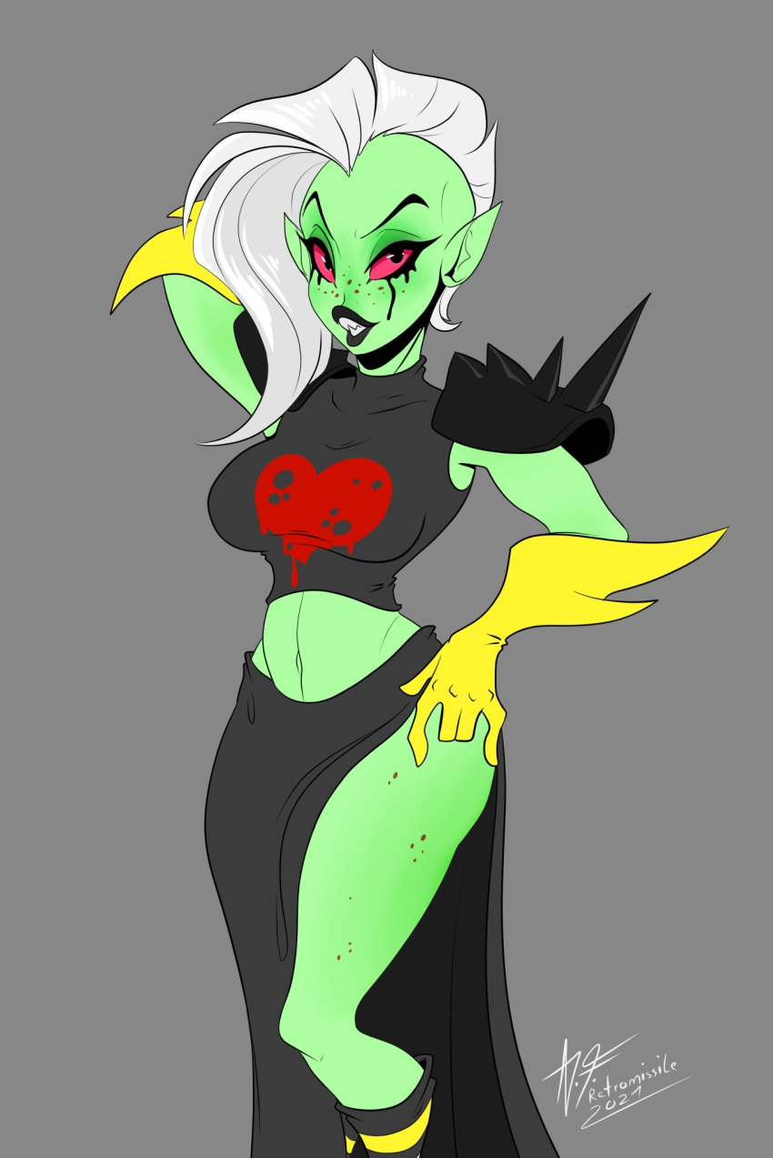 1girls 2021 alien black_clothing black_lips breasts clothing commission disney disney_channel disney_xd female gloves green_skin half_body highres lord_dominator retromissile wander_over_yonder white_hair wide_hips