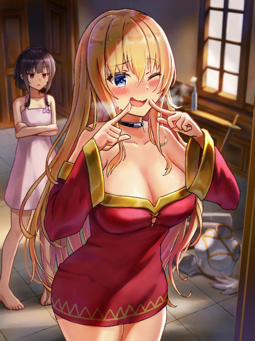 2girls artist_request blonde_hair blue_eyes breasts brown_hair cleavage cosplay darkness_(konosuba) female female_only high_resolution kono_subarashii_sekai_ni_shukufuku_wo! large_breasts looking_at_self megumin megumin_(cosplay) mirror one_eye_closed red_eyes thighs