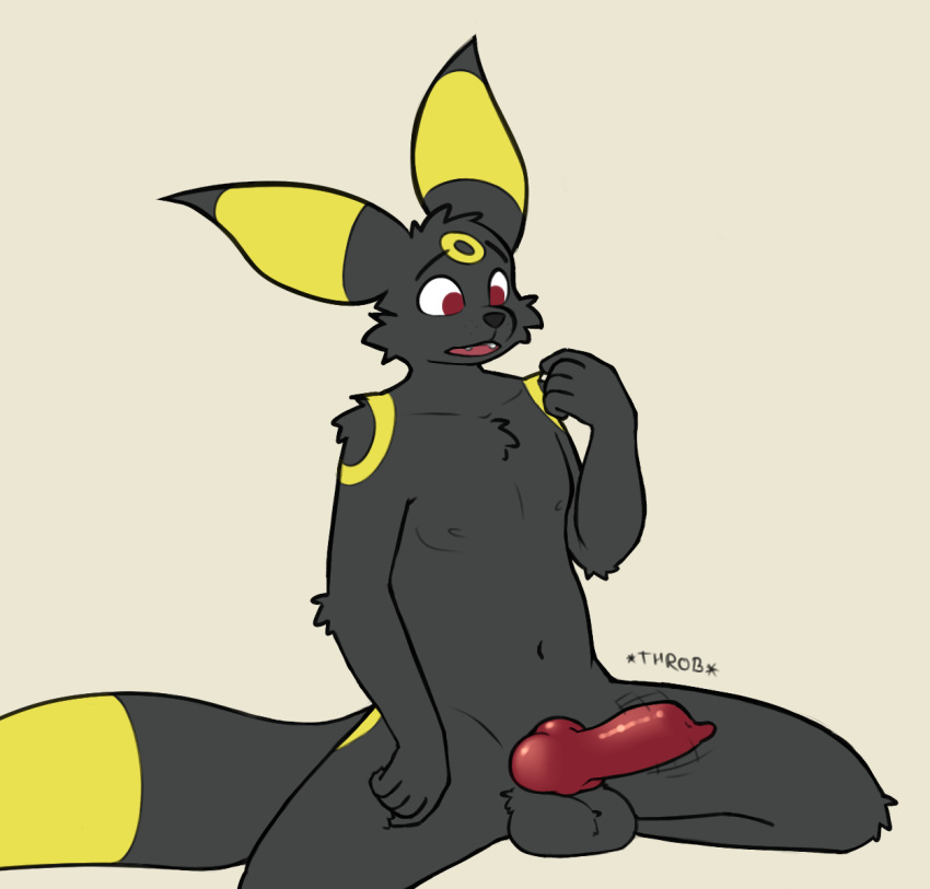 animal_genitalia animal_penis anthro balls black_body brreo eeveelution generation_2_pokemon genitals knot male nintendo nude open_mouth penis pokemon pokemon_(species) red_eyes simple_background solo solo_male tail throbbing umbreon vipy