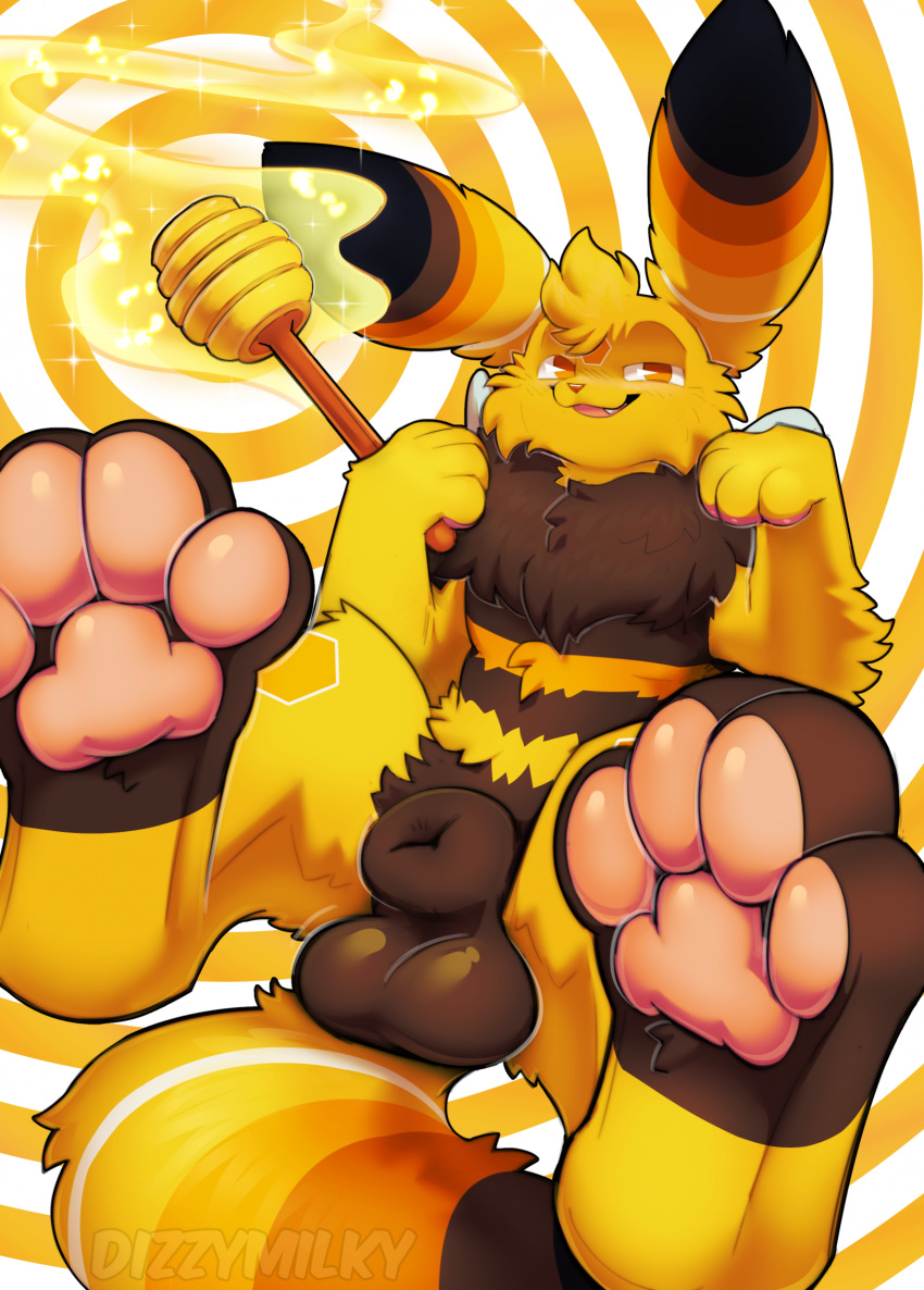 animal_genitalia balls dizzymilky fakemon fakeveelution feral fur genitals helios_(helioshoneybre) hi_res honey_dipper male mammal pawpads paws sheath smile solo tail yellow_body yellow_fur