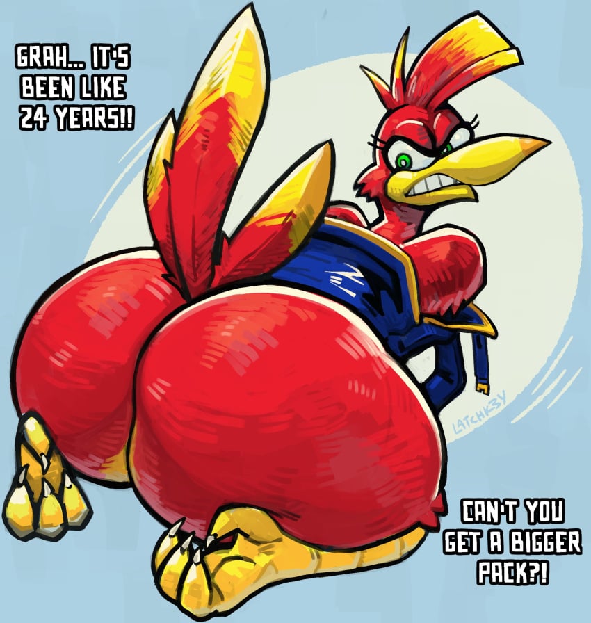 1girls angry angry_face ass backpack bag banjo-kazooie big_ass bird breegull english_text female furry huge_ass kazooie latchk3y rareware red_feathers simple_background solo solo_female tail