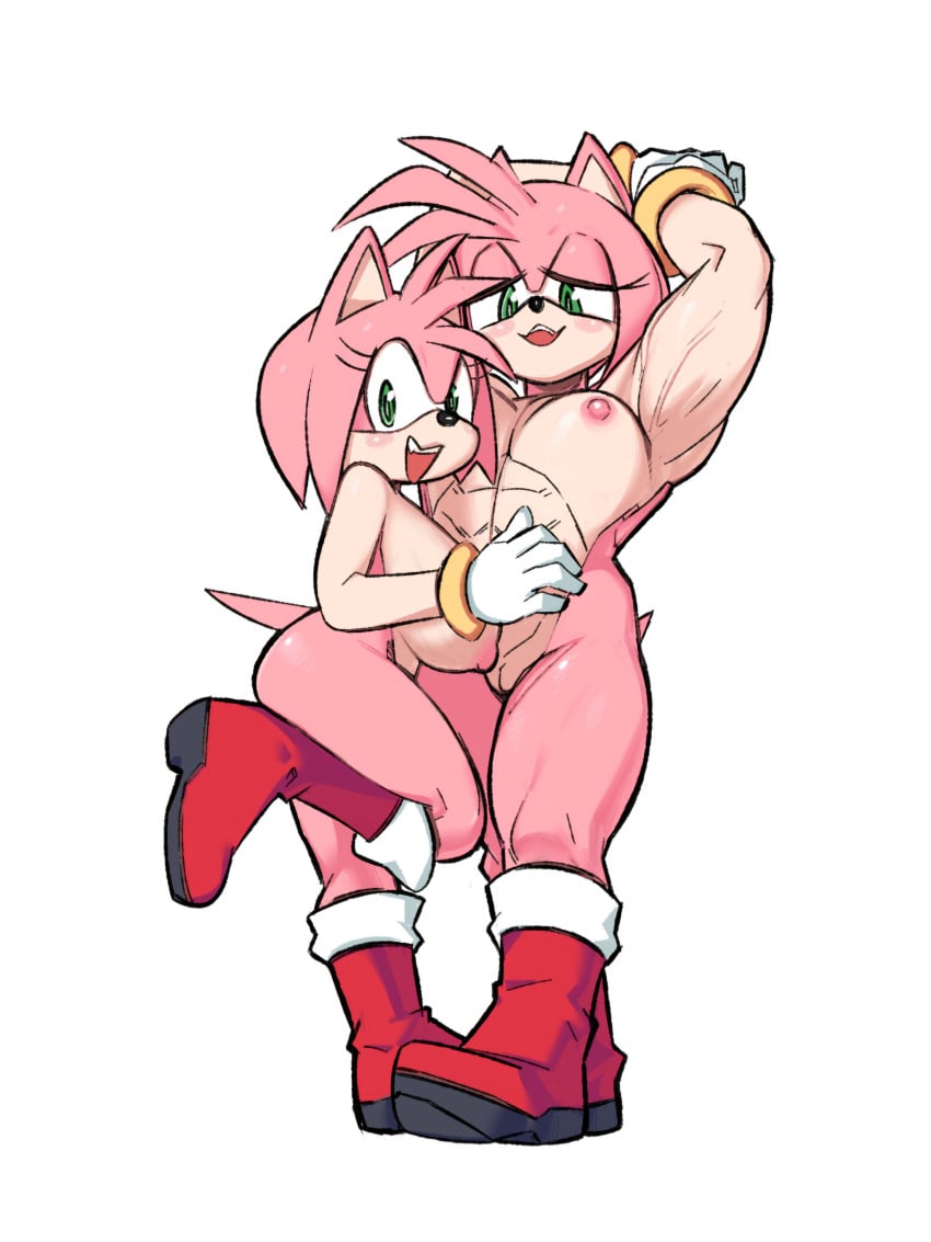 abs absurd_res amy_rose anthro biceps big_breasts boots bracelet breasts clone clones clothing duo eulipotyphlan exposed_torso female footwear genitals gloves green_eyes handwear hedgehog hi_res hug jewelry large_breasts mammal mostly_nude mup_mups muscular muscular_female pink_body pussy sega smile sonic_(series) sonic_the_hedgehog_(series) square_crossover tail