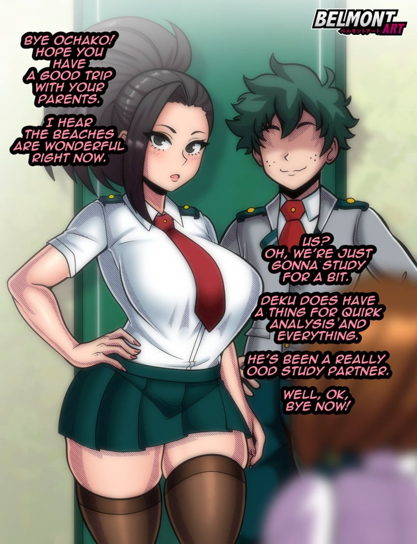 1boy 2girls bare_arms bare_thighs belmont big_breasts black_eyes black_hair brown_hair clothed clothing color english_text female green_hair hi_res izuku_midoriya large_breasts light-skinned_female light_skin long_hair looking_at_viewer male male/female midoriya_izuku momo_yaoyorozu my_hero_academia netorare ntr ochako_uraraka school_uniform schoolgirl short_hair tagme text thick_thighs