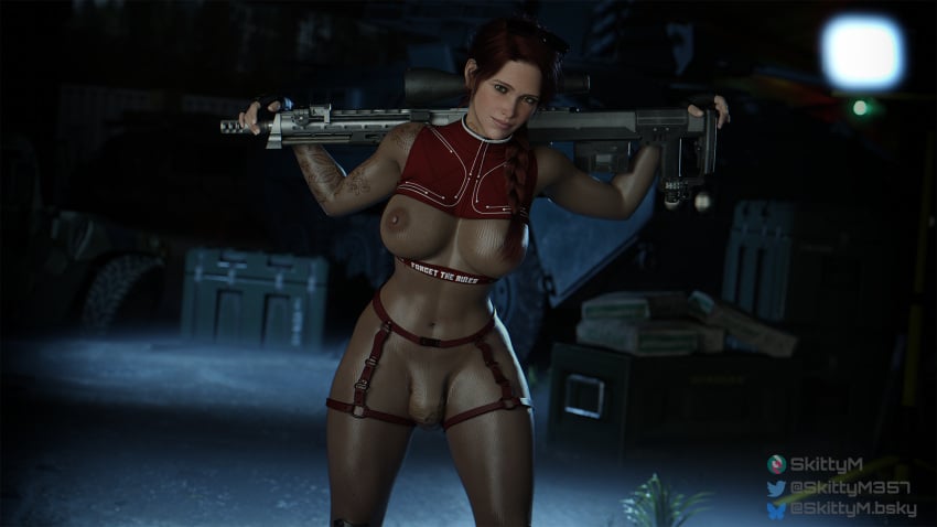 1futa 3d areolae ball_bulge balls balls_under_clothes bodysuit breasts erect_nipples flaccid futa_only futanari huge_breasts nipple_bulge nipples penis penis_bulge penis_under_clothes red_clothing red_hair skittym sniper sniper_rifle sunglasses_on_head tactical_nudity transparent_clothing tucked_penis wasteland