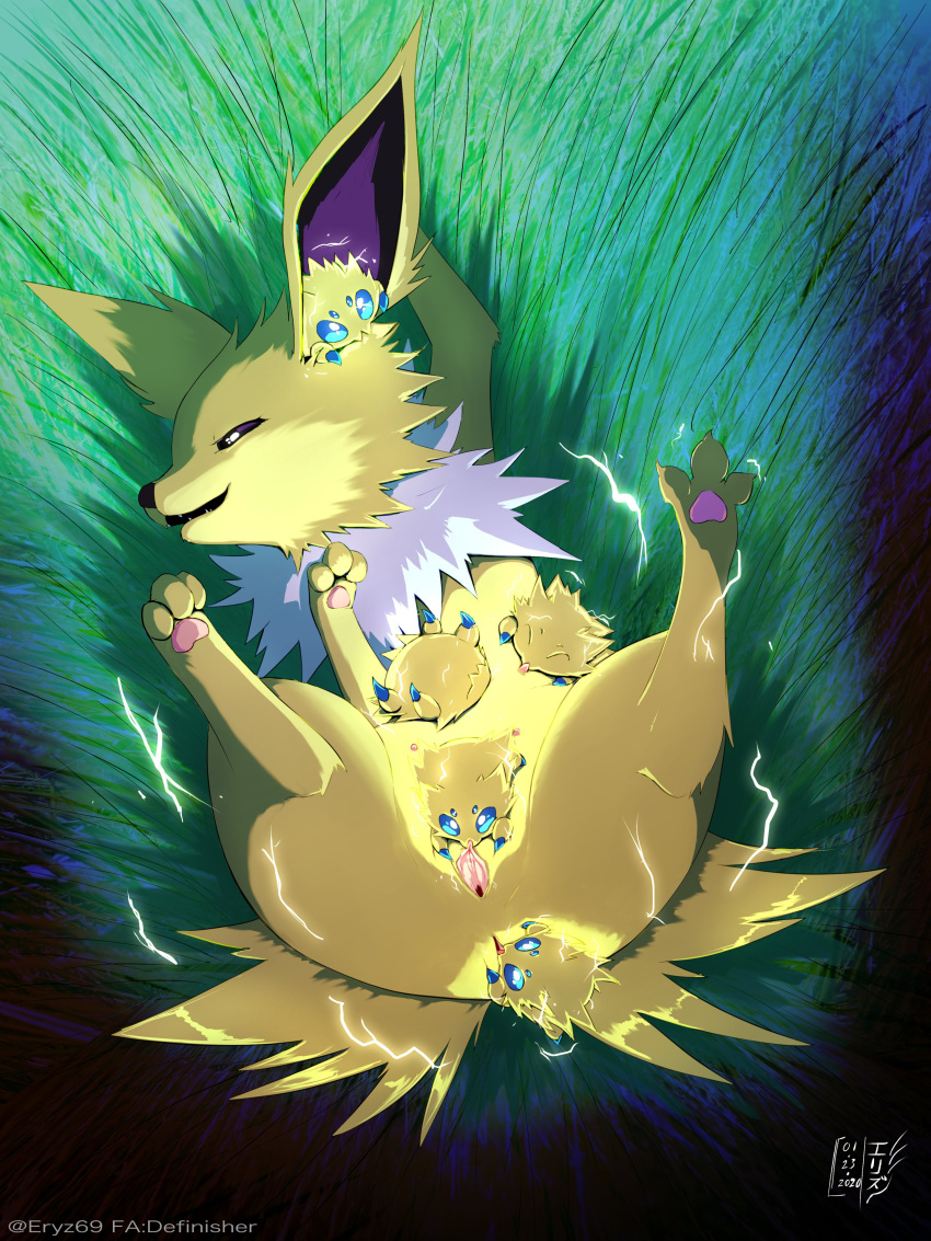 absurd_res ambiguous_gender anal anthro anus clitoral_sucking eeveelution electricity electrostimulation eryz fangs female female/ambiguous feral fur genitals grass group hi_res high-angle_view jolteon joltik lying multi_nipple nintendo nipple_fetish nipple_play nipple_suck nipples on_back open_mouth oral plant pokémon_(species) pokemon pussy rimming sex size_difference sucking urethra video_games yellow_body yellow_fur