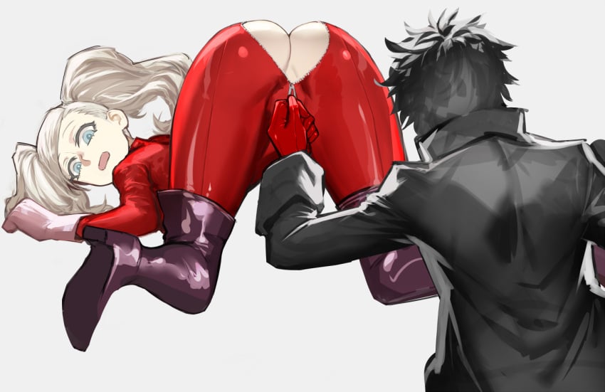 1boy 1girls ann_takamaki ass black_hair blonde_female blonde_hair butt_focus catsuit clothing couple_love couple_sex female foreplay human joker_(persona) kasei_yukimitsu latex_gloves latex_suit male pale_skin persona persona_5 persona_5_royal phantom_thief_suit ren_amamiya stripping teasing trenchcoat twintails zipper zipper_down