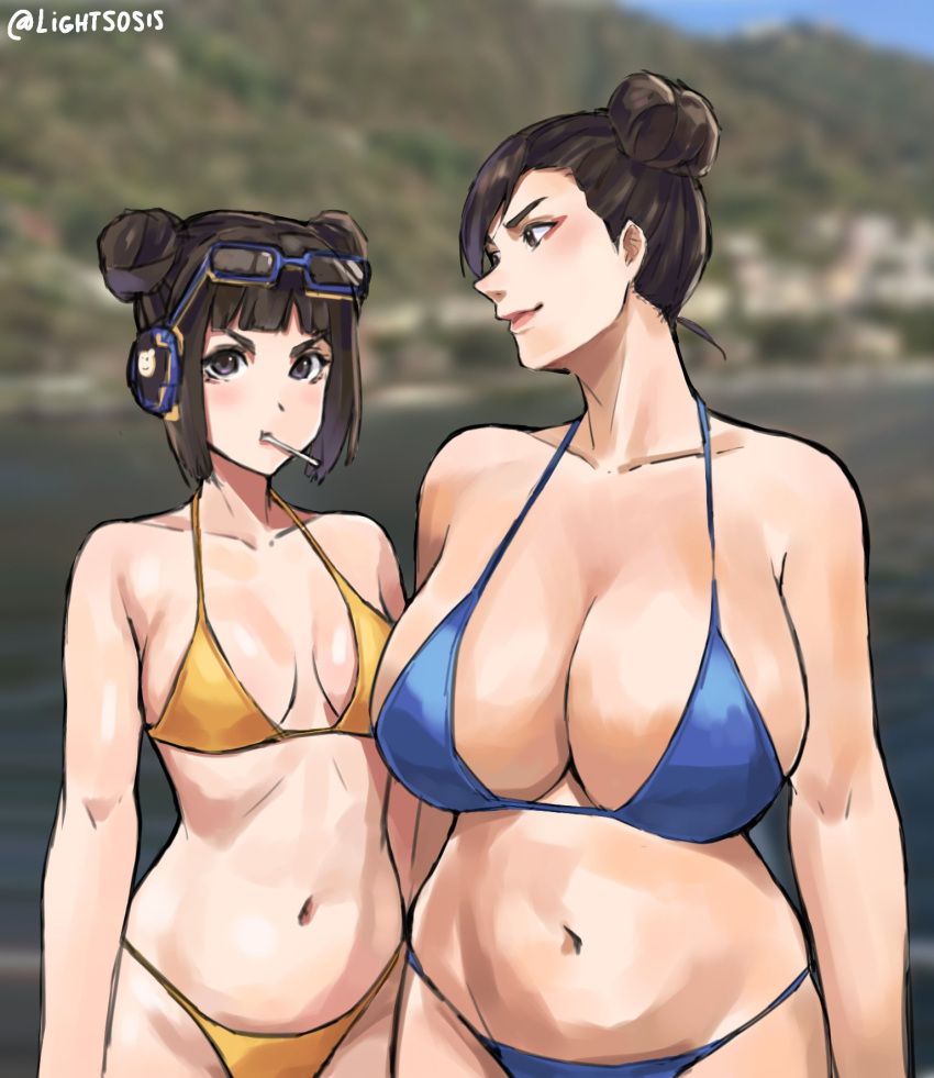 2girls big_breasts bikini black_hair breasts breasts_bigger_than_head chun-li cleavage female female_only huge_breasts human large_breasts li-fen lightsosis meme mother_daughter_boob_envy_(meme) multiple_girls sosis street_fighter street_fighter_6