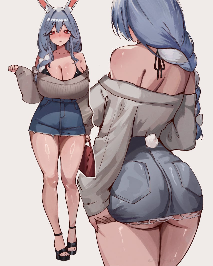 1girl absurdres alternate_costume animal_ears ass ass_focus back bag bare_legs bare_shoulders beautiful_woman blue_nails blush braid braided_ponytail breasts child_bearing_hips cleavage clenched_hand collarbone commentary curvy_female denim denim_skirt double-parted_bangs english_commentary feet grey_sweater hair_between_eyes hair_over_shoulder hand_up handbag high_heels highres holding holding_bag hololive huge_breasts legs long_hair looking_at_viewer mature_female meeko_illus microskirt multiple_views nail_polish off-shoulder_sweater off_shoulder open-toe_shoes pekomama platform_heels rabbit_ears rabbit_girl rabbit_tail ring_light_reflection simple_background skirt smile strappy_heels sweater sweater_tucked_in tail tail_through_clothes thick_thighs thighs toenail_polish toenails toes underbutt underwear virtual_youtuber wholesome
