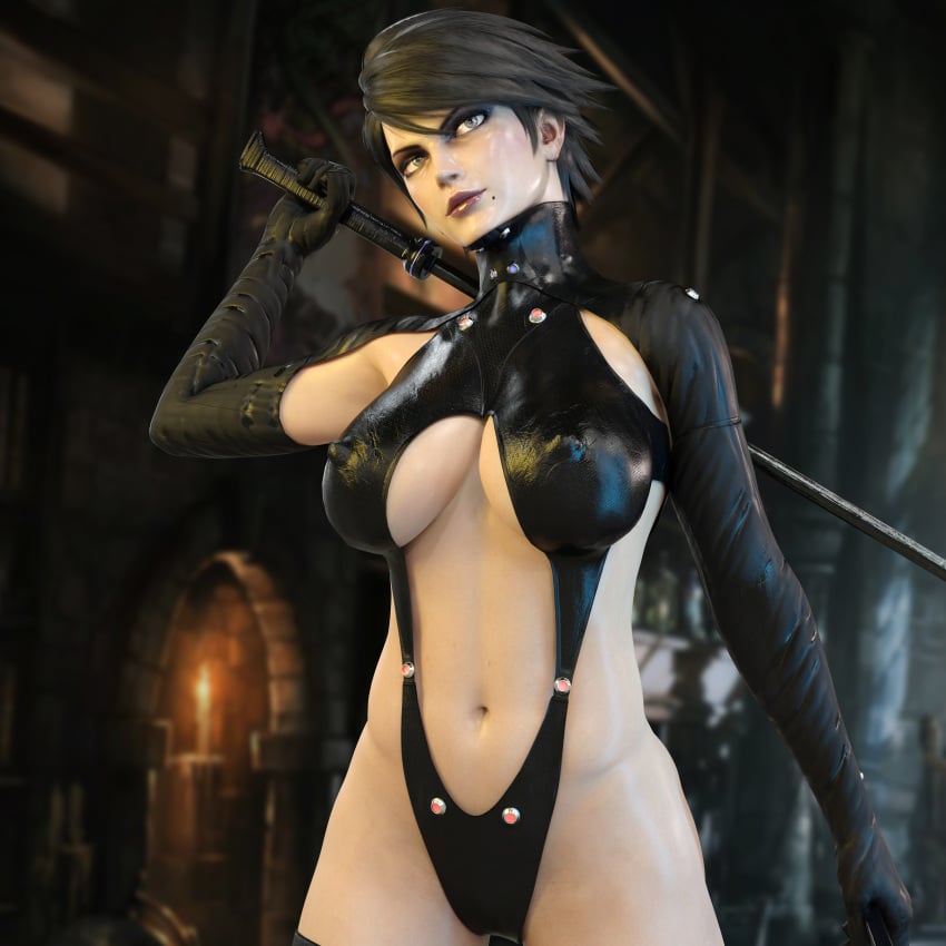 1girls 3d bayonetta bayonetta_(character) bayonetta_2 black_hair blue_eyes eyeshadow female female_only light-skinned_female light_skin lipstick makeup nordfantasy pale pale-skinned_female pale_skin sega short_hair solo