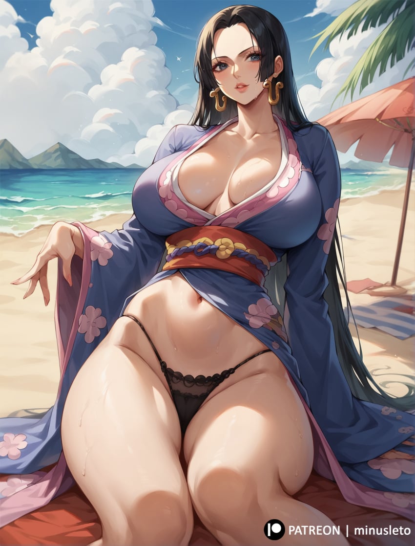 1girls 2024 ai_generated beach big_breasts black_hair boa_hancock cleavage female female_only long_hair minusleto one_piece outdoors sitting stable_diffusion stomach sweat thick_thighs thong