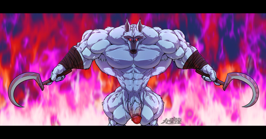 abs absurd_res alternate_version_at_source anthro balls big_muscles canid canine canis death_(puss_in_boots) dreamworks fur gay genitals grey_body hi_res huge_muscles humanoid_genitalia humanoid_hands humanoid_penis hyper hyper_muscles kyuuhari looking_at_viewer male mammal manly melee_weapon muscular muscular_anthro muscular_male nipples nude pecs penis puss_in_boots_(dreamworks) puss_in_boots_(film) puss_in_boots_the_last_wish red_eyes shrek_(series) solo teeth weapon wolf