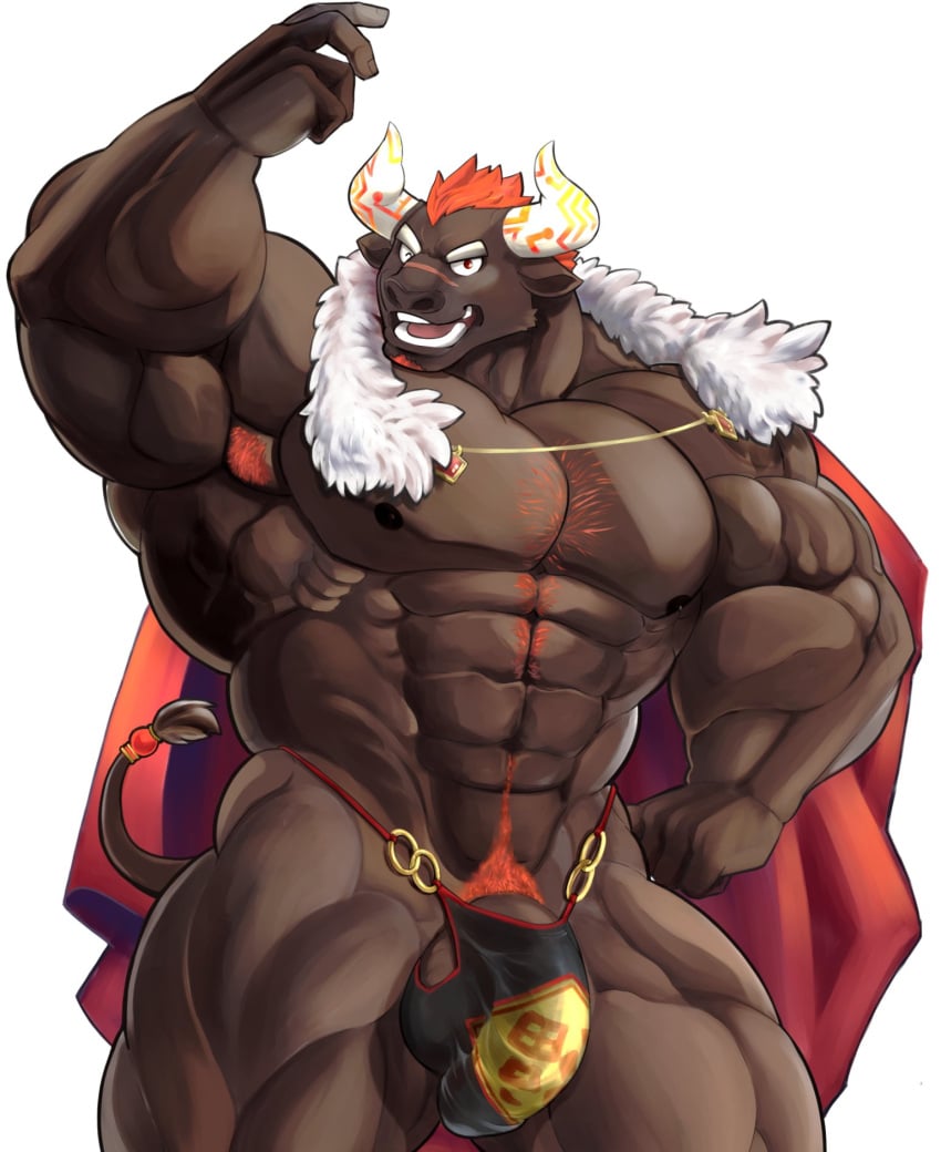 1boy abs anthro armpit_hair barely_contained big_muscles big_penis black_body black_fur body_hair bovid bovine bulge cape chest_hair clothing flaccid fur genitals gyumao hairy hi_res horn huge_cock huge_muscles hyper hyper_genitalia hyper_muscles hyper_penis isuckusuck male male_only mammal muscular muscular_anthro muscular_male nipples pecs penis penis_base pubes solo tokyo_afterschool_summoners video_games