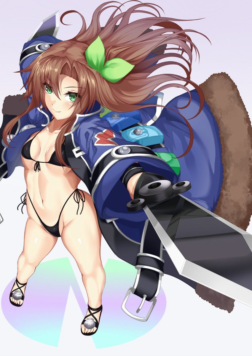 1girls arms_up bikini brown_hair child_bearing_hips cleavage compile_heart confident green_eyes hair_ornament idea_factory if_(neptunia) ill_(0022) legs light-skinned_female long_hair looking_at_viewer medium_breasts navel neptunia_(series) open_clothes open_jacket open_toe_shoes petite pose small_breasts smile solo thick_thighs thighs thong_bikini weapon