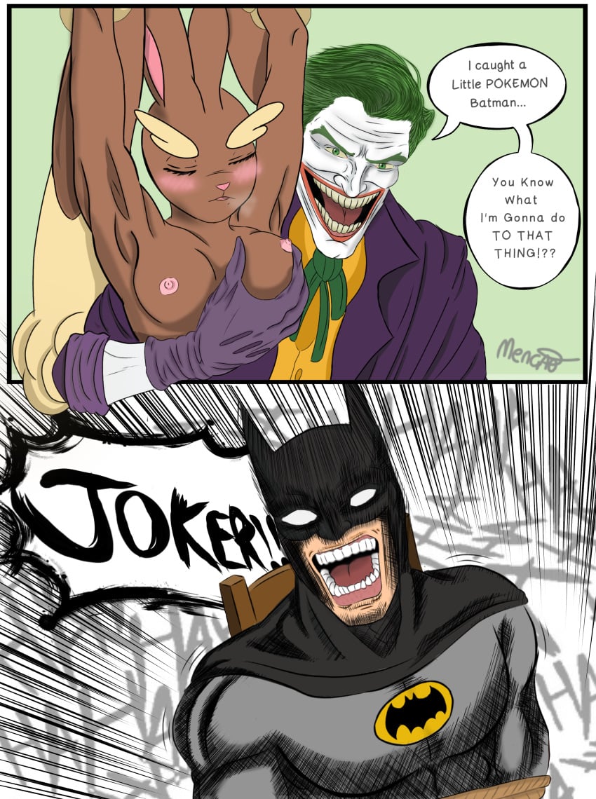 1girls 2boys batman berserk berserk_reference brown_skin closed_eyes comedy comic crossover dc dc_comics dominant_male eastern_and_western_character embarrassed female forced_to_watch green_hair hand_on_breast humiliation imminent_sex interspecies joker lagomorph laugh lopunny meme meme_reference mengao nipples on_chair panting pokemon pokemon_(species) pokephilia possible_rape rope screaming superhero text_box there_are_no_laws_against_pokémon,_batman villain voyeurism watching