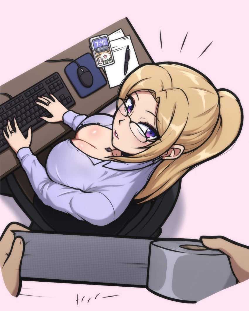 1boy 1girls blonde_hair breasts cleavage computer glasses high_ponytail large_breasts looking_at_viewer magnolia-baillon office_lady original ponytail purple_eyes sitting tape