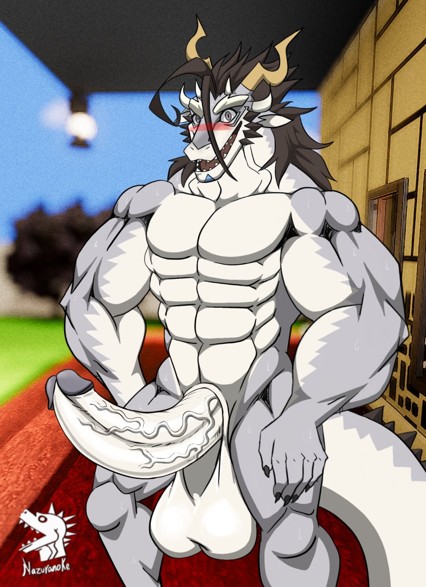 anthro balls big_penis dragon floor fuxi_(tas) genitals hi_res horn lifewonders male muscular mythological_creature mythological_scalie mythology nazuranoke penis plant scalie sky solo tokyo_afterschool_summoners tree watermark wood wood_floor