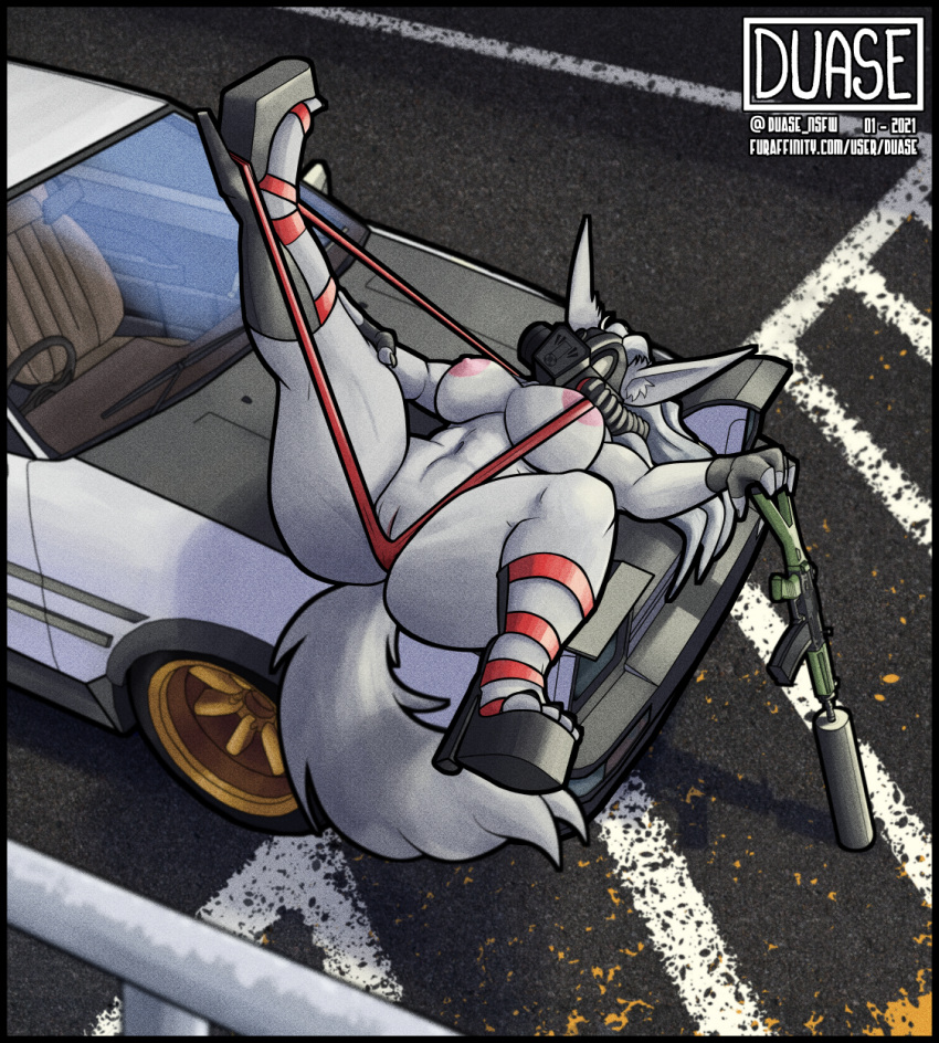 anthro bikini breasts canid canine canis car clothed clothing duase female fingerless_gloves firearm fur gas_mask genitals gloves gun handwear hi_res high-angle_view high_heels lying mammal mask nipples on_back parking_lot partially_clothed pussy ranged_weapon rasa_(duase) sg_553 sling_bikini solo suppressor swimwear vehicle weapon white_body white_fur wolf