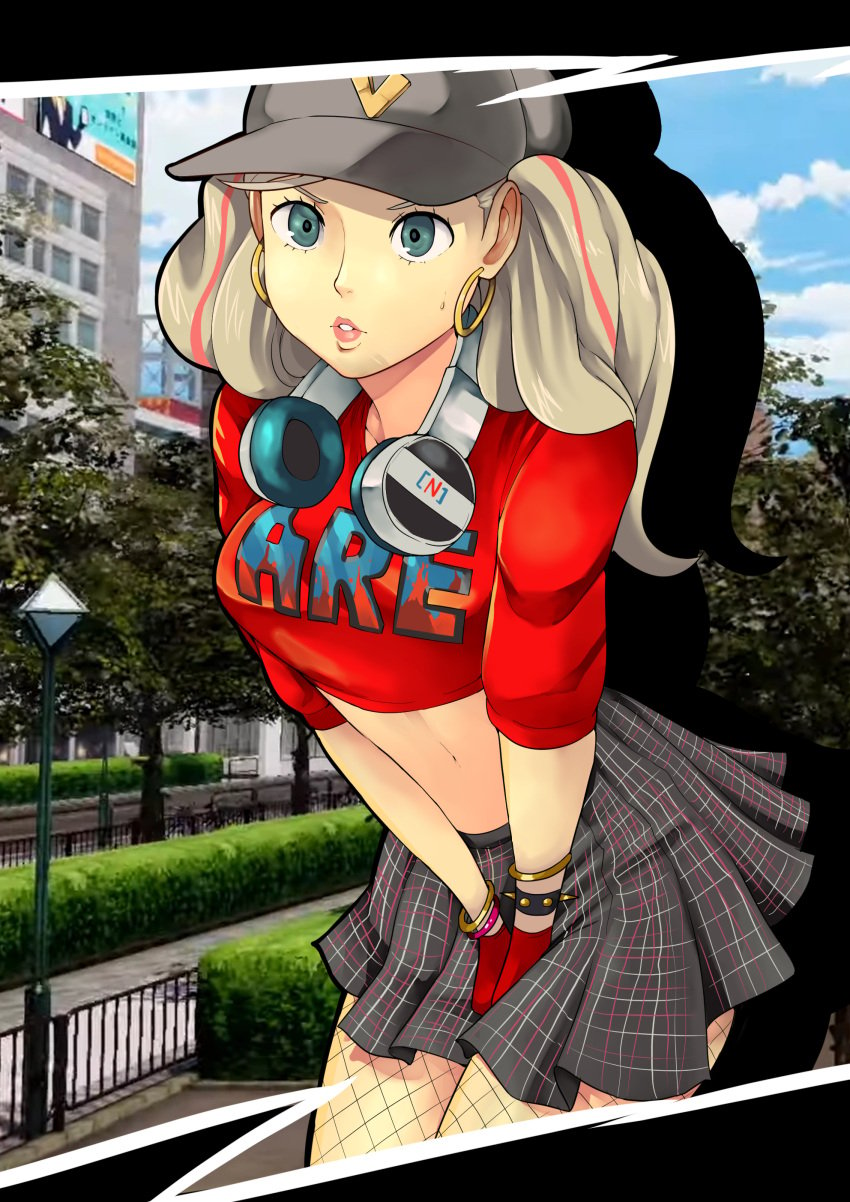 1girls ann_takamaki atlus biku blonde_hair blue_eyes bracelets breasts cap crop_top earrings female female_only fishnets hand_between_legs hands_between_legs hat have_to_pee hoop_earrings long_sleeves looking_at_viewer megami_tensei navel persona persona_5 persona_5:_dancing_star_night skirt solo solo_female solo_focus twintails two_tone_hair